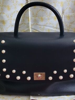 kate spade Black Top-Handle Satchel with Pearl Studs
